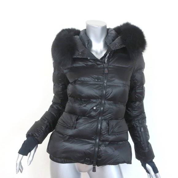 MONCLER GRENOBLE ARMONIQUE FOX FUR TRIM PUFFER JACKET BLACK SIZE 1 - Picture 1 of 12